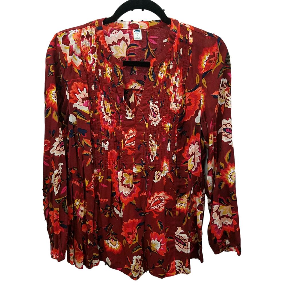 Old Navy M Red Floral Long Sleeve Blouse Pullover Boat Neck